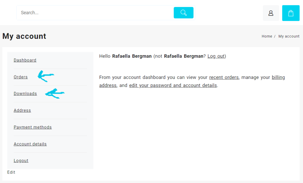My account area, to check all the orders and downloads person already bought