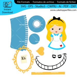Alice in Wonderland cake topper cutting file Silhouette File, SVG, DXF, PDF, Scanncut, Cricut maker