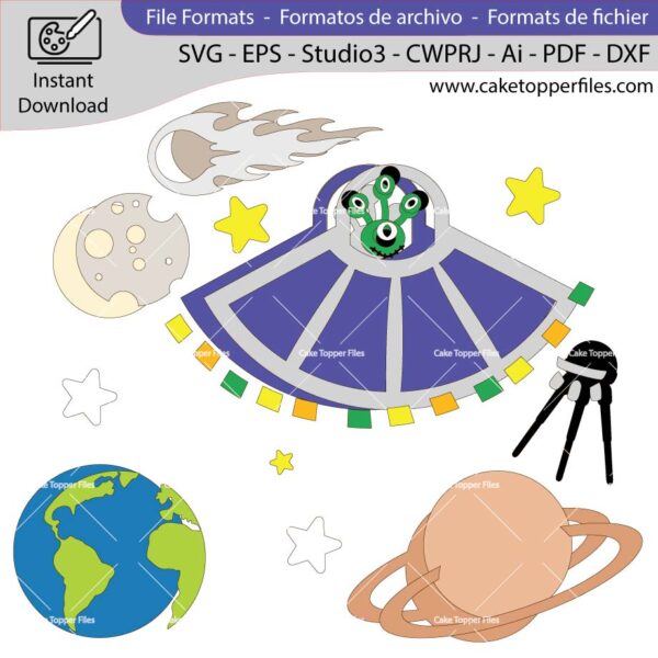 Alien Spaceship cake topper cutting file Silhouette File, SVG, DXF, PDF, Scanncut, Cricut maker