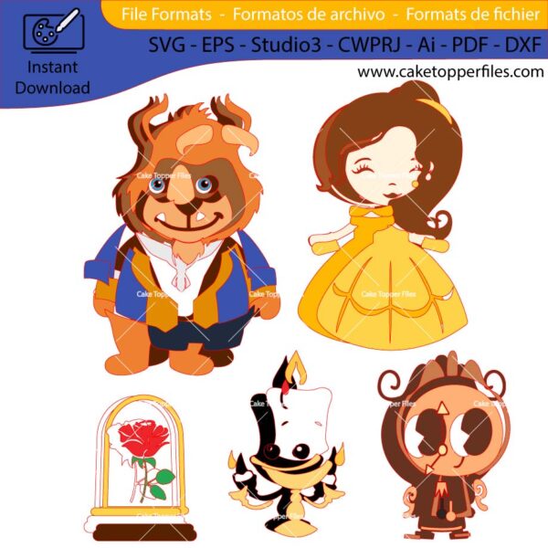 Beauty and the Beast cake topper cutting file Silhouette File, SVG, DXF, PDF, Scanncut, Cricut maker