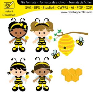 Bee Girl cake topper cutting file Silhouette File, SVG, DXF, PDF, Scanncut, Cricut maker