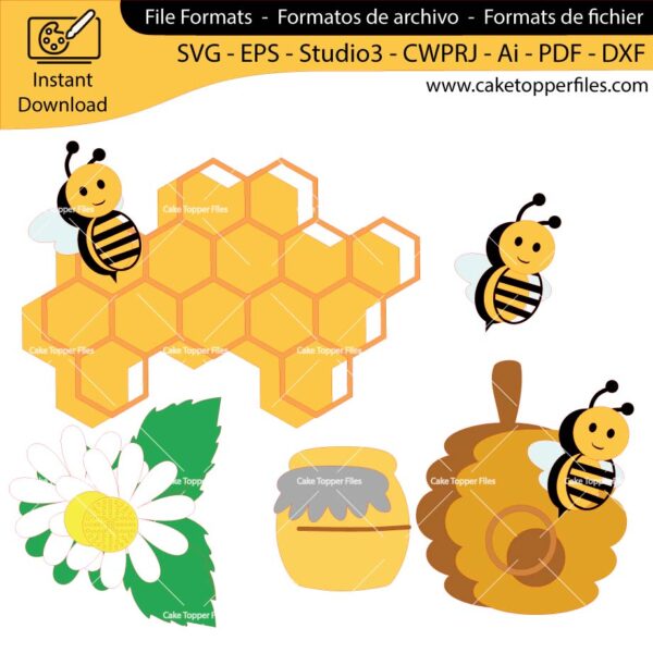 Bee Honeycomb cake topper cutting file Silhouette File, SVG, DXF, PDF, Scanncut, Cricut maker