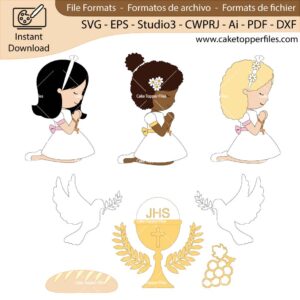 First Communion Praying Girl cake topper cutting file Silhouette File, SVG, DXF, PDF, Scanncut, Cricut maker