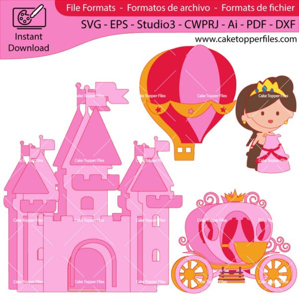 Princess Castle Carriage cake topper cutting file Silhouette File, SVG, DXF, PDF, Scanncut, Cricut maker