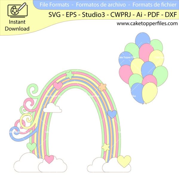 Rainbow Balloons cake topper cutting file Silhouette File, SVG, DXF, PDF, Scanncut, Cricut maker