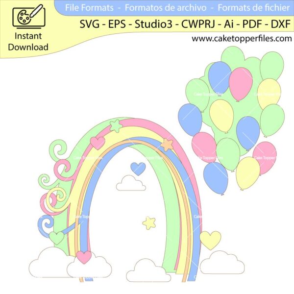 Rainbow Balloons cake topper cutting file Silhouette File, SVG, DXF, PDF, Scanncut, Cricut maker