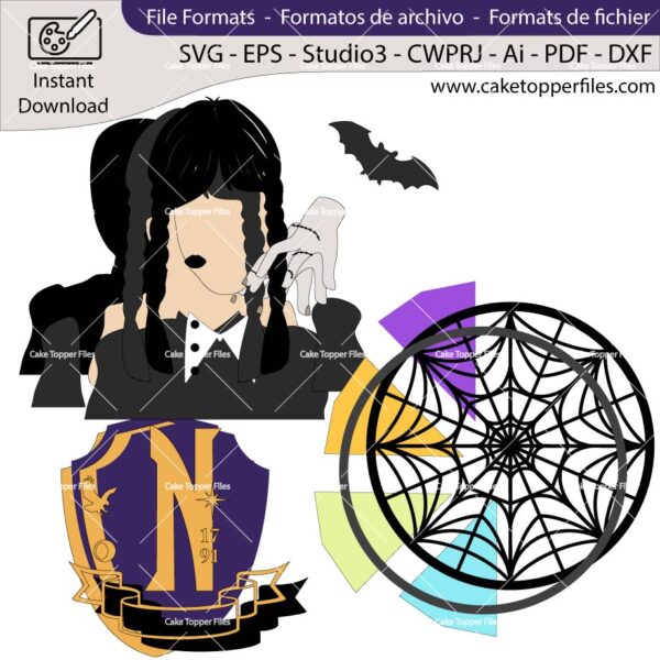 Wednesday Addams cake topper cutting file Silhouette File, SVG, DXF, PDF, Scanncut, Cricut maker