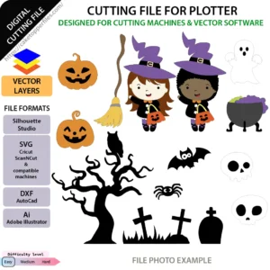 Cute little witches and spooky graveyard Halloween cake topper digital templates displayed on a white background