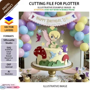 American style birthday cake with fairy theme featuring 3D custom paper toppers, mushrooms, and pastel balloons