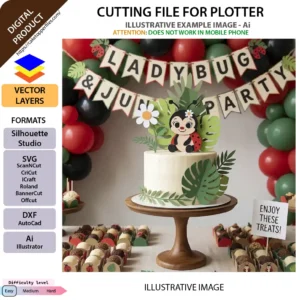 3D layered paper ladybug cake topper on a decorated birthday cake