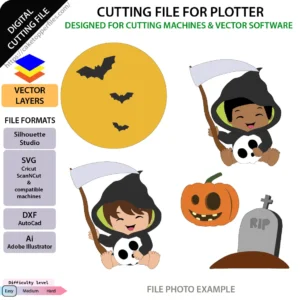 Halloween cutting file with bats pumpkin graveyard and Halloween character for cake toppers and party decorations