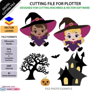 Baby witches and haunted house Halloween cake topper SVG file preview showing cute baby witches, haunted mansion, and spooky tree