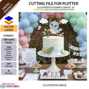 Cute blue bird spring clipart with flowers, leaves and butterfly