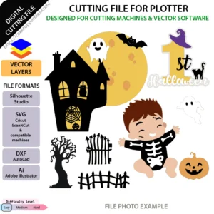 Cute Halloween cutting file with haunted house, full moon, ghosts, bats, pumpkins and skeleton child