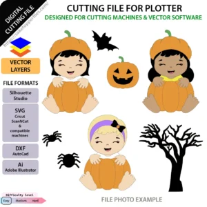 Cute Halloween cutting file with children dressed as pumpkins, bat, spiders and spooky tree