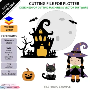 Cute witch house Halloween cake topper SVG file preview showing little witch, black cat, haunted house, and full moon