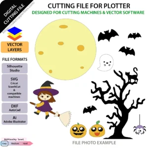 Flying witch Halloween cake topper SVG file preview showing witch on broomstick, full moon, bats, ghost, and spooky tree