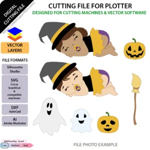 Halloween baby cutting file with cute witch-costumed babies, ghosts, pumpkins and witch broom