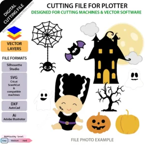 Cute Halloween cutting file with haunted house, ghosts, bat, pumpkins, spider web and Frankenstein character for cake toppers and party decorations