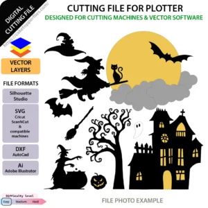 Halloween haunted house witch and full moon cake topper digital cut files displayed on a white background