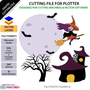 Halloween witch cake topper cut file with cute flying witch, haunted house, and full moon