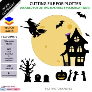 Haunted house and full moon Halloween cake topper digital templates displayed on a white background