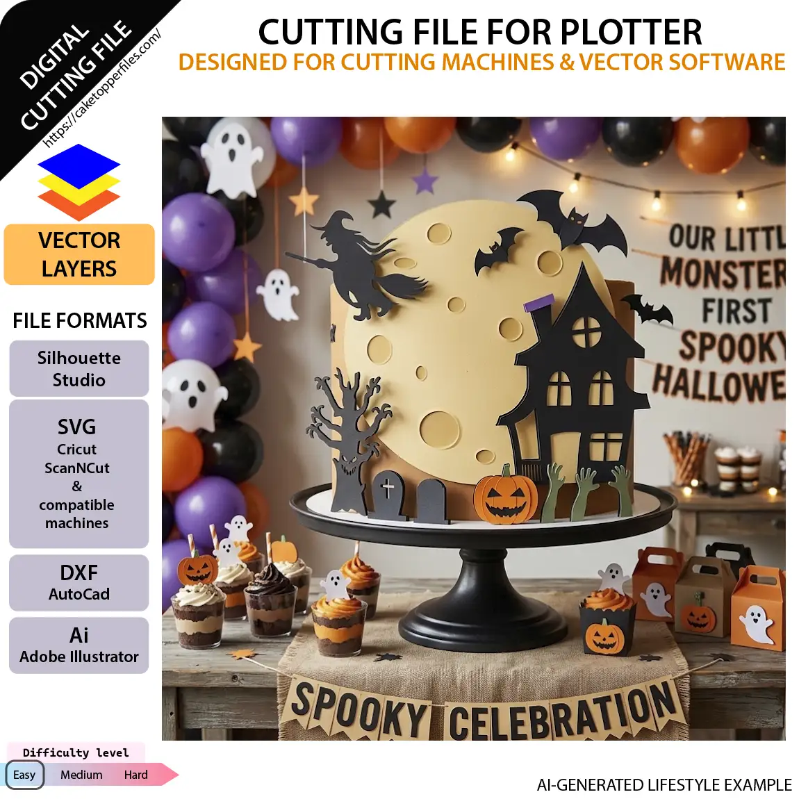 Haunted house and full moon Halloween cake topper digital templates displayed on a white background