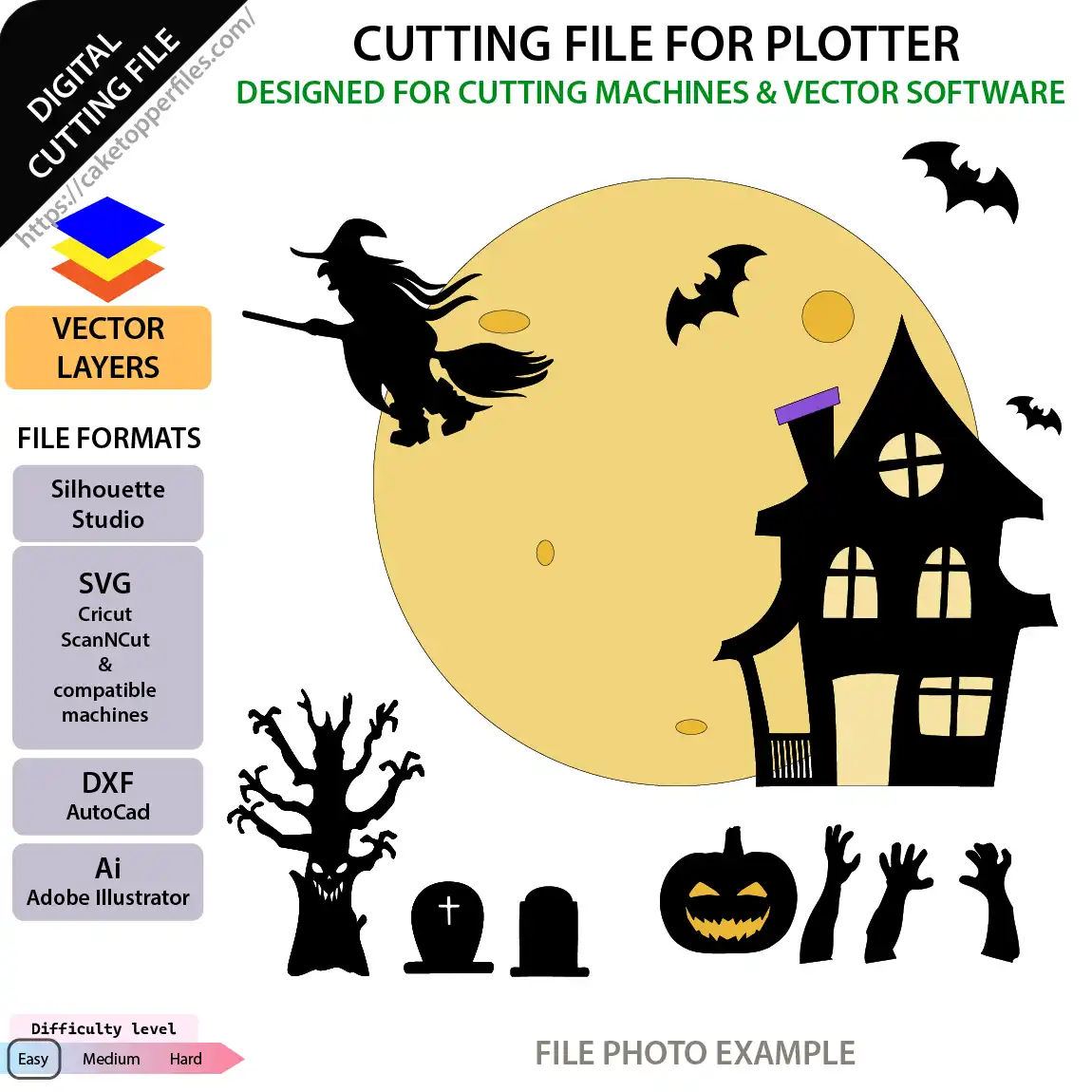 Haunted house and full moon Halloween cake topper digital templates displayed on a white background