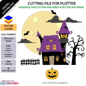 Purple haunted house Halloween cake topper SVG file preview showing mansion with purple roof, full moon, bats, and spooky tree
