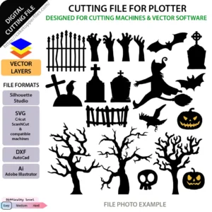Spooky graveyard zombie hands and tombstones Halloween cake topper digital templates displayed on a white background
