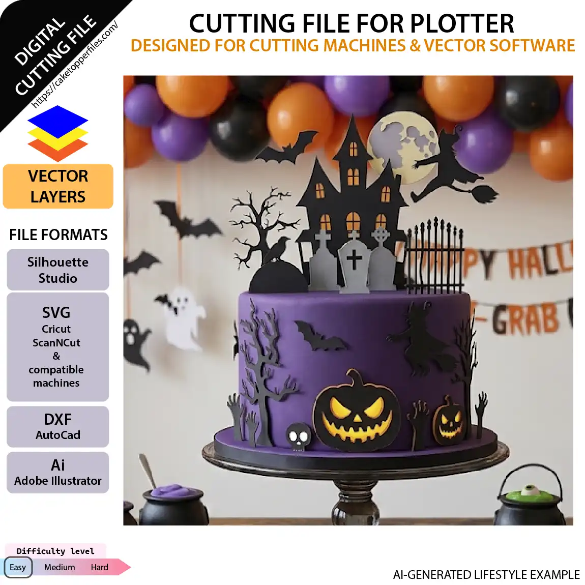 Spooky graveyard zombie hands and tombstones Halloween cake topper digital templates displayed on a white background