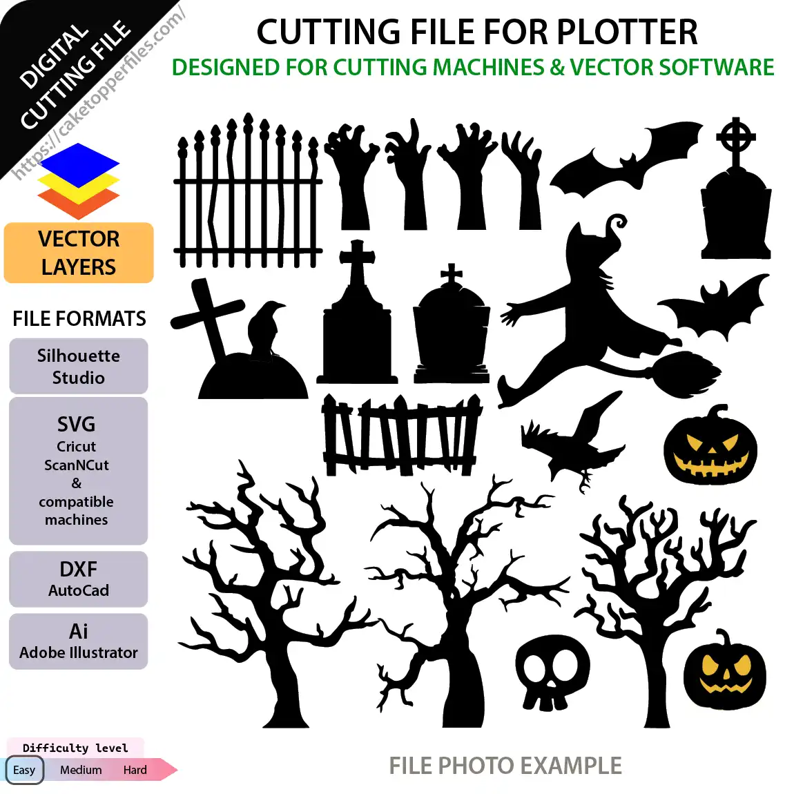 Spooky graveyard zombie hands and tombstones Halloween cake topper digital templates displayed on a white background