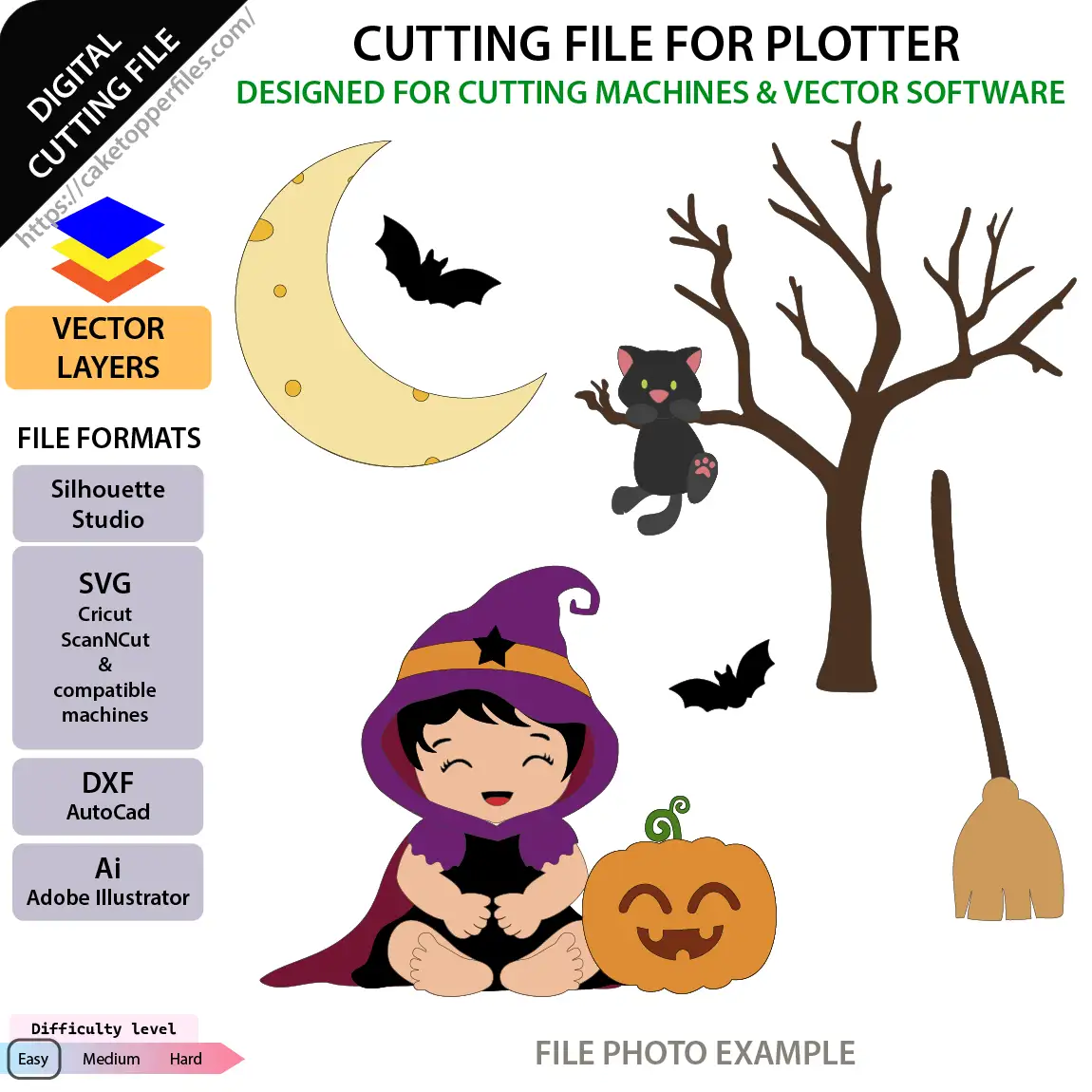 Witch cauldron and layered Halloween cake topper digital templates displayed on a white background