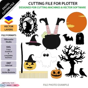 Witch cauldron and layered Halloween cake topper digital templates displayed on a white background