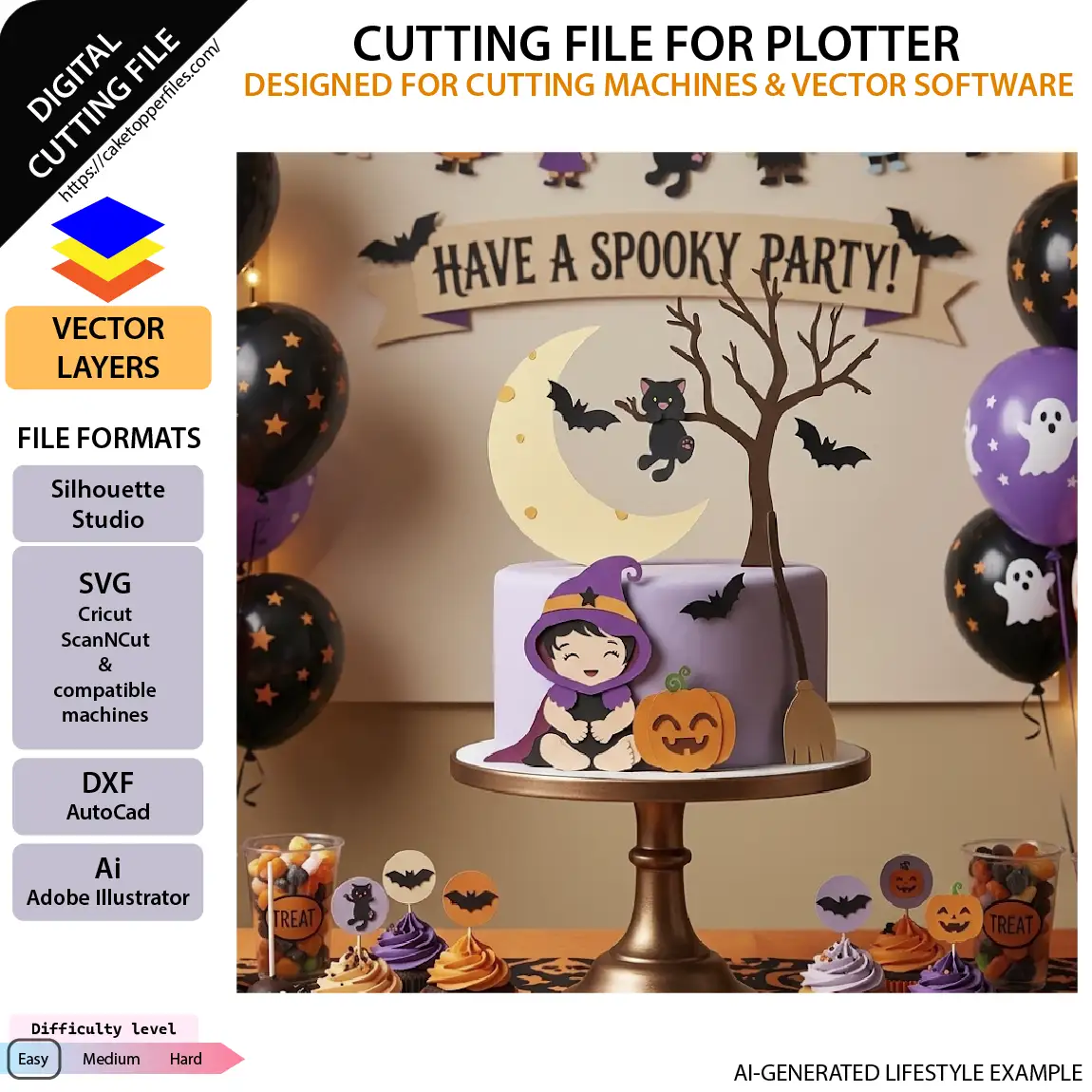 Witch cauldron and layered Halloween cake topper digital templates displayed on a white background